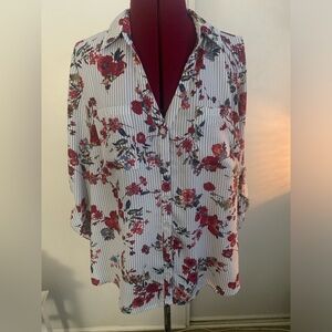 EUC by and by blue/white striped blouse w/floral print & roll up sleeves Size XL